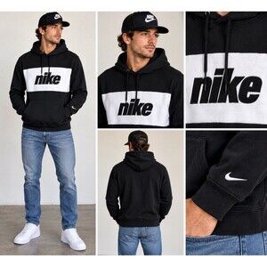 Nike NSW Club Pullover Hoodie Black White Colorblock Big Logo HQ2477-011